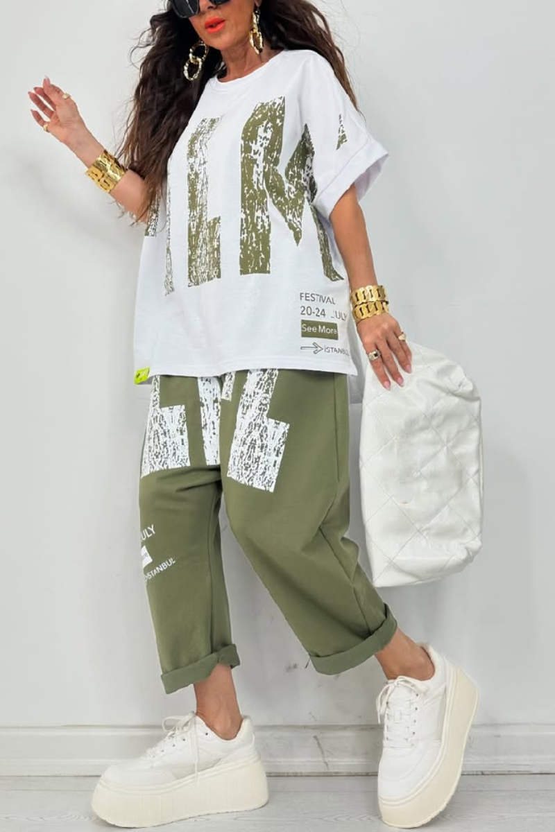 Kirelle - Women's casual outfit with printed round-neck top and trousers