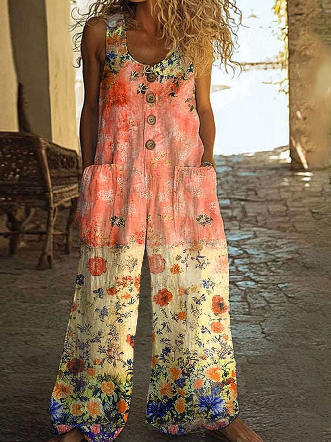 Lunelle™ - Women's Vintage Jumpsuit with Floral Patchwork Pattern
