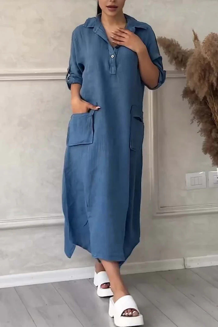 Leontine - Women's linen and cotton maxi dress with lapels