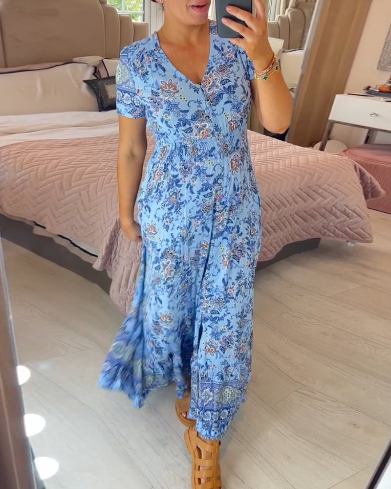 Denise - V-neck Floral Print Maxi Dress