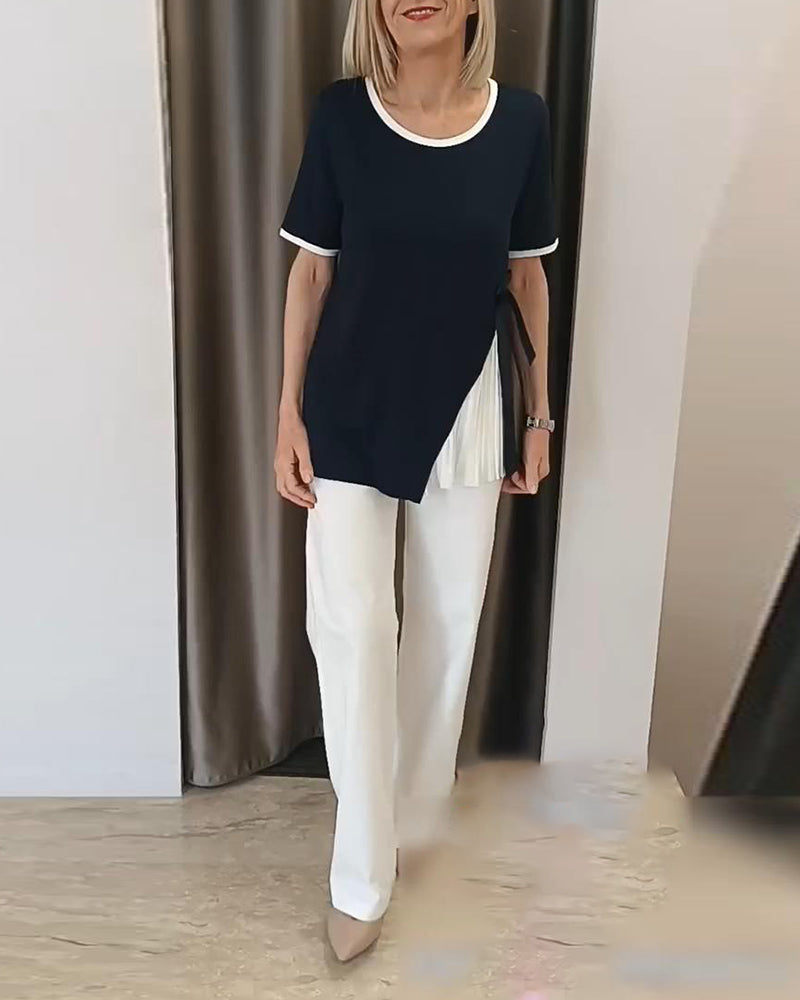 Blouse Col Rond Contraste Plissée