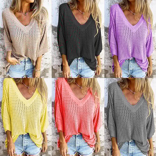 Delia - V-neck knitted top with hollow pattern