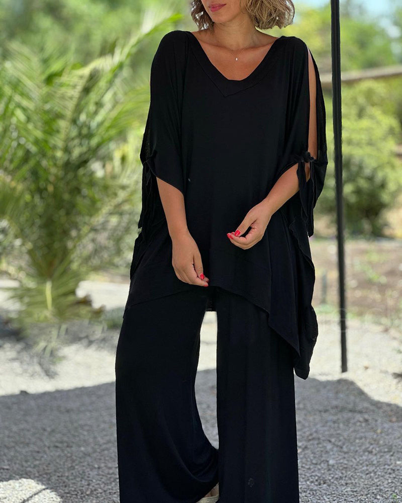 Ginevra - Casual Two Piece Set with V-Neckline and Wide Legs