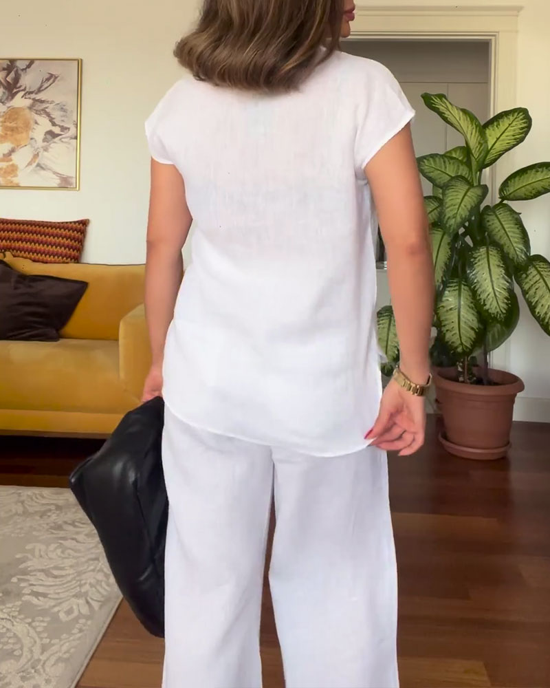 Quinara - Solid color cotton and linen suit casual pants