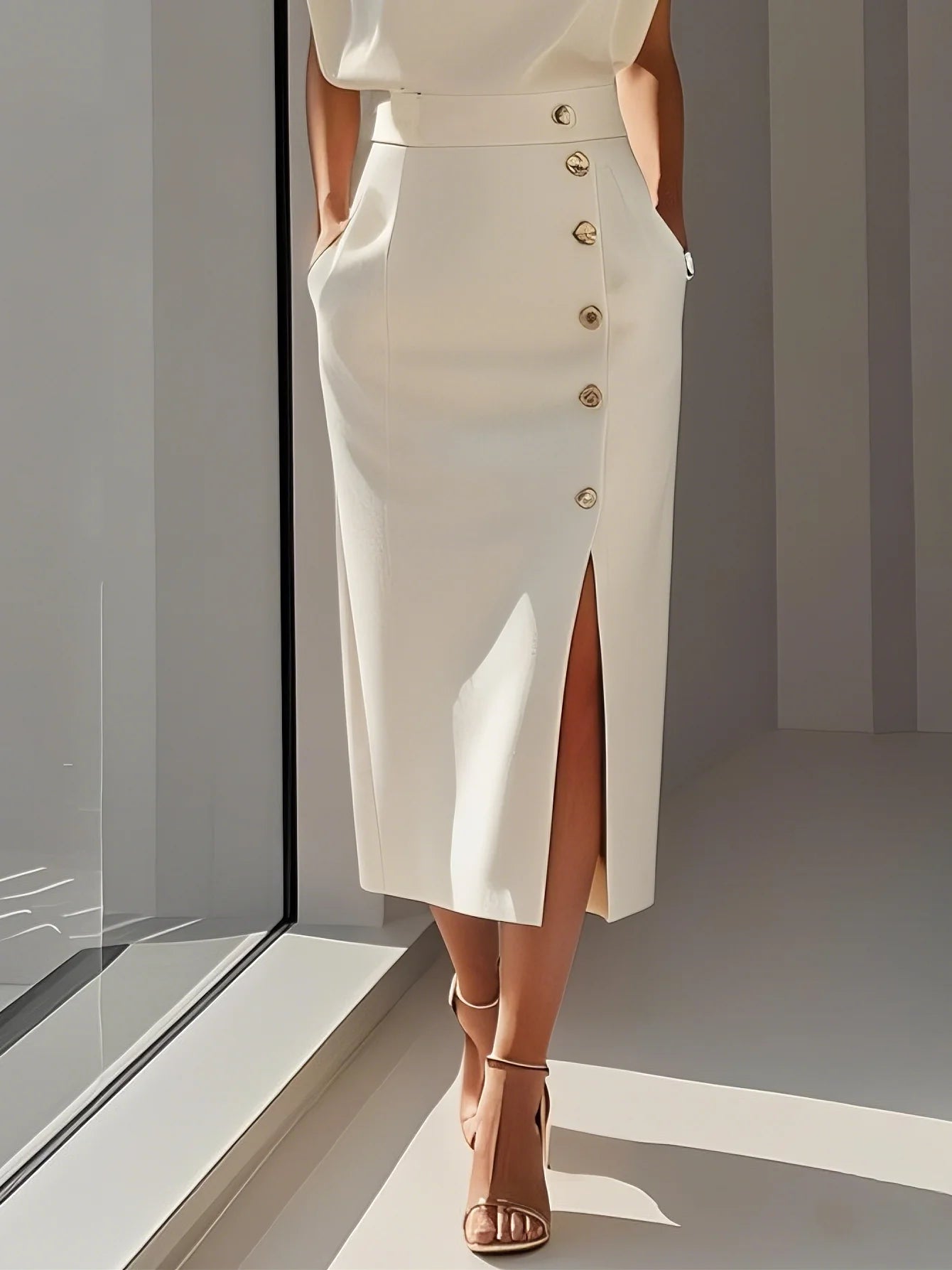 Floralia™ - Plain midi dress with button slit and round neckline