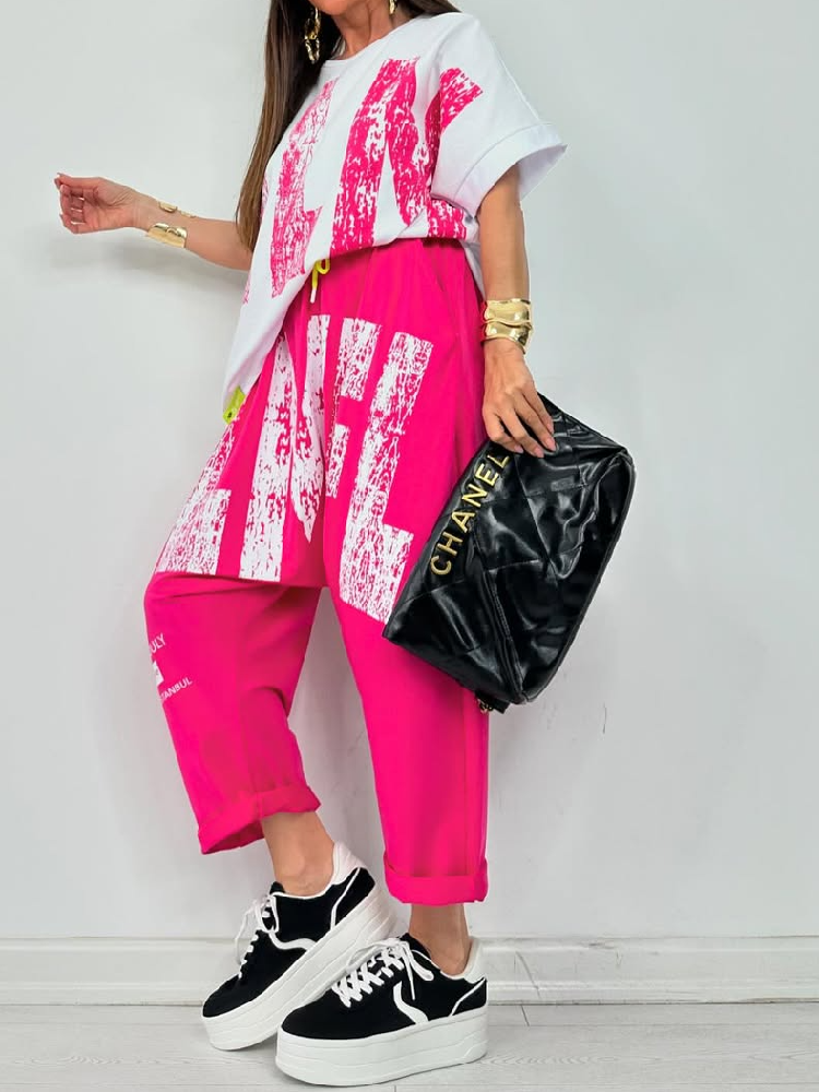 Kirelle - Women's casual outfit with printed round-neck top and trousers