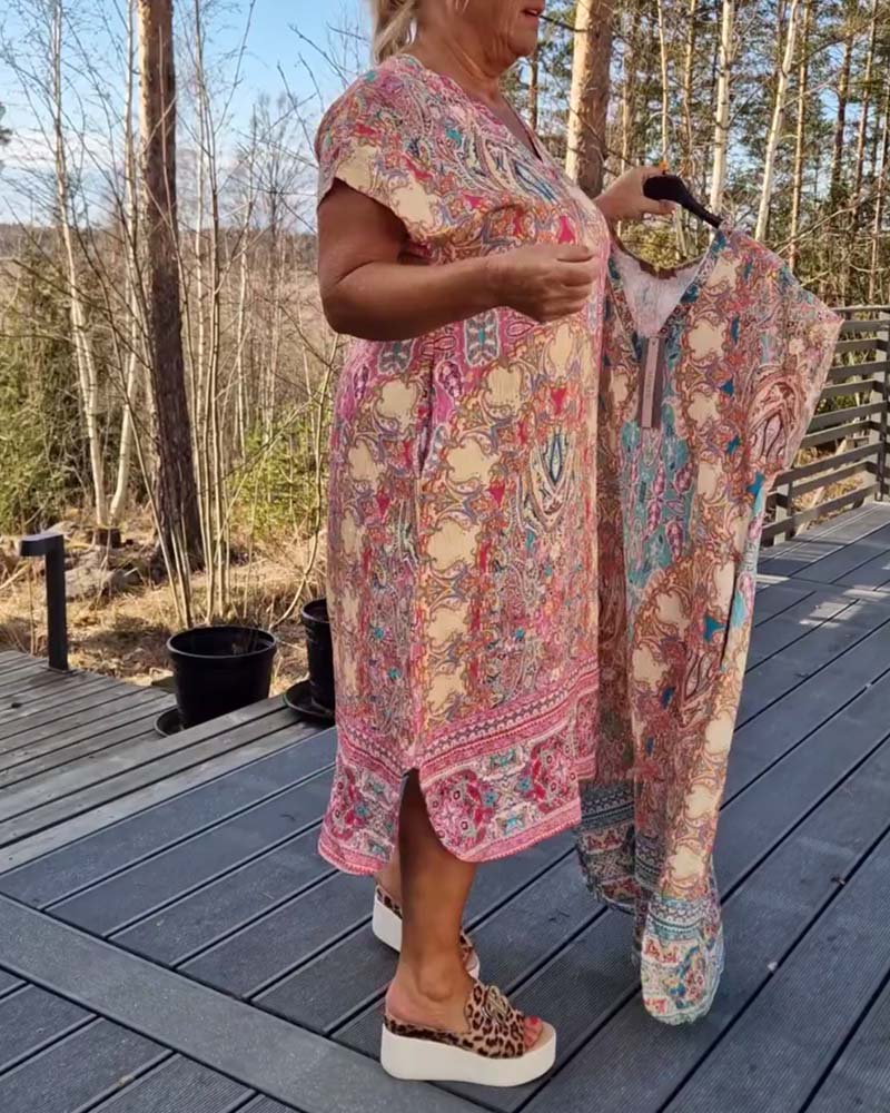 Ailina™ - Printed V-Neck Short Sleeve Straight Dress