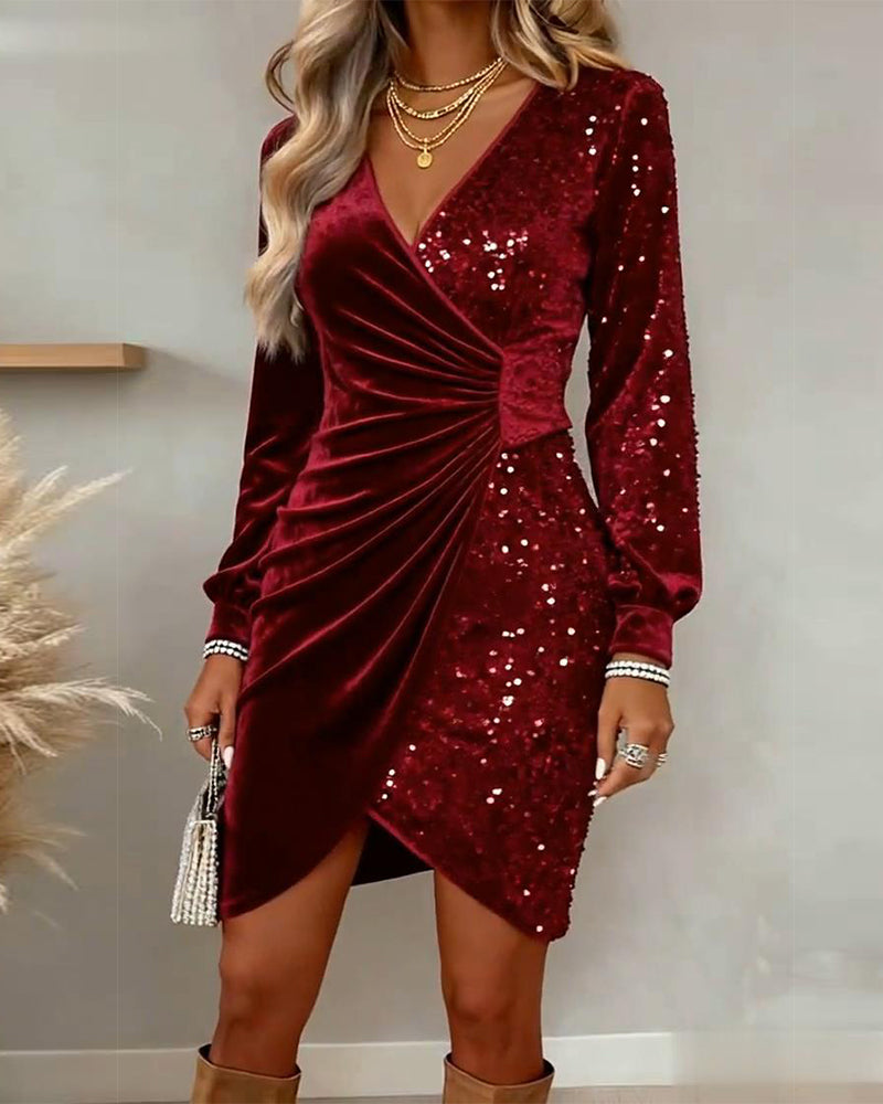 Fayriona - Sexy Velvet Plunge Neck Dress with Sequins