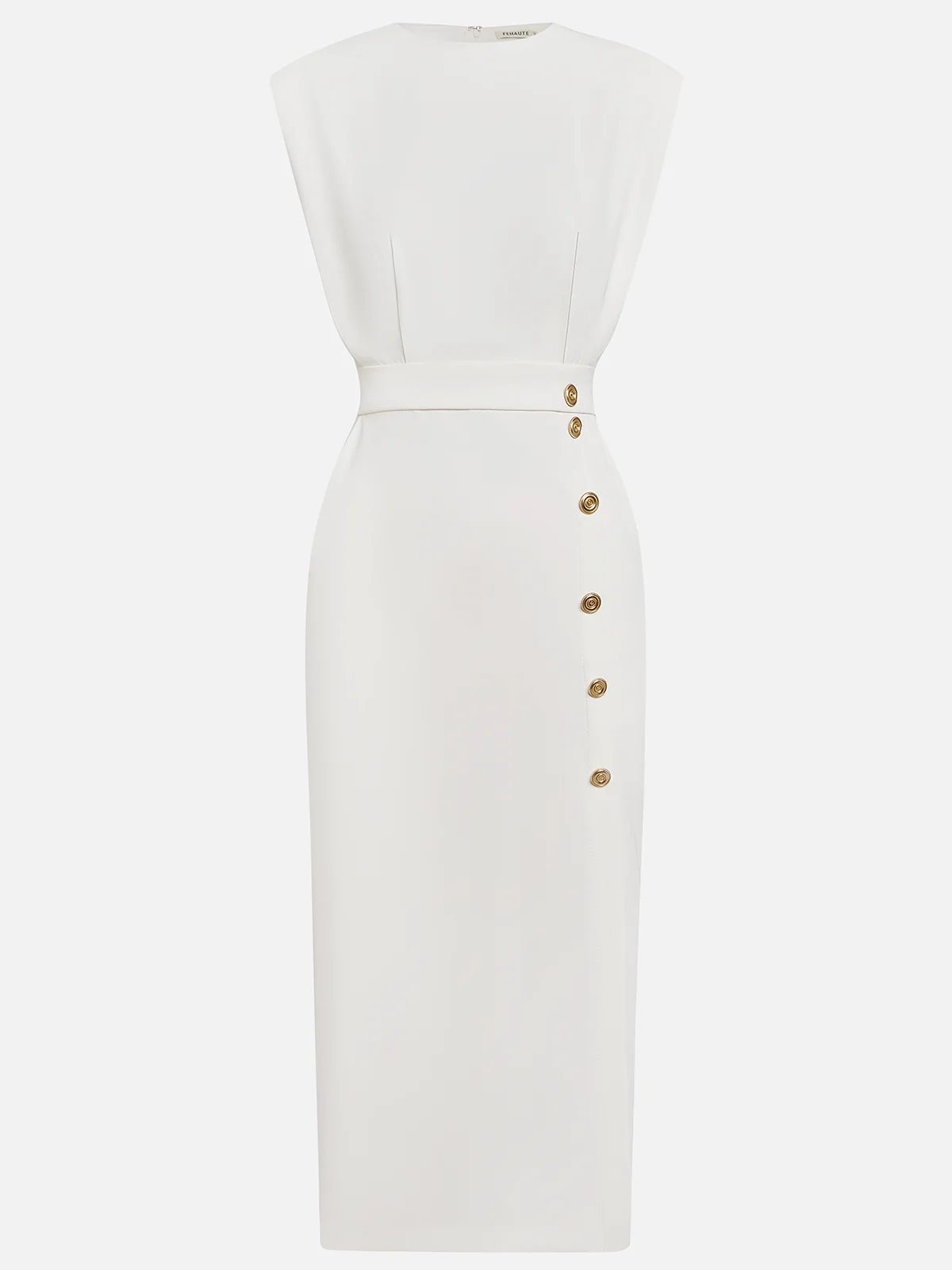 Floralia™ - Plain midi dress with button slit and round neckline