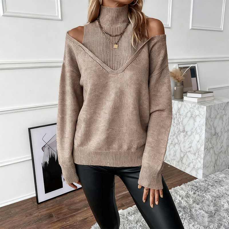 Avenelle - Women's Bold Wool Jumper with High Neck and Off-Shoulder Design