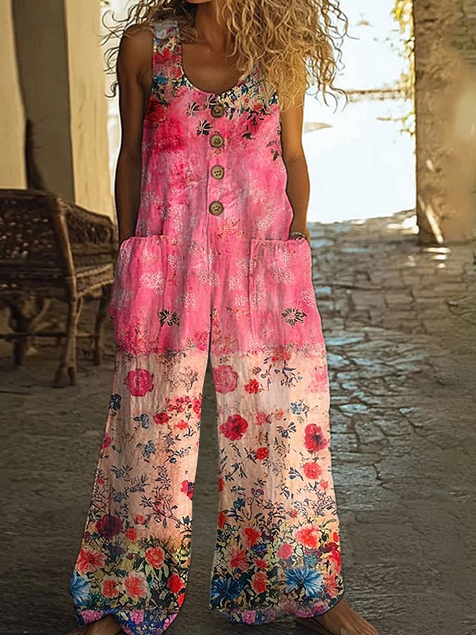 Lunelle™ - Women's Vintage Jumpsuit with Floral Patchwork Pattern