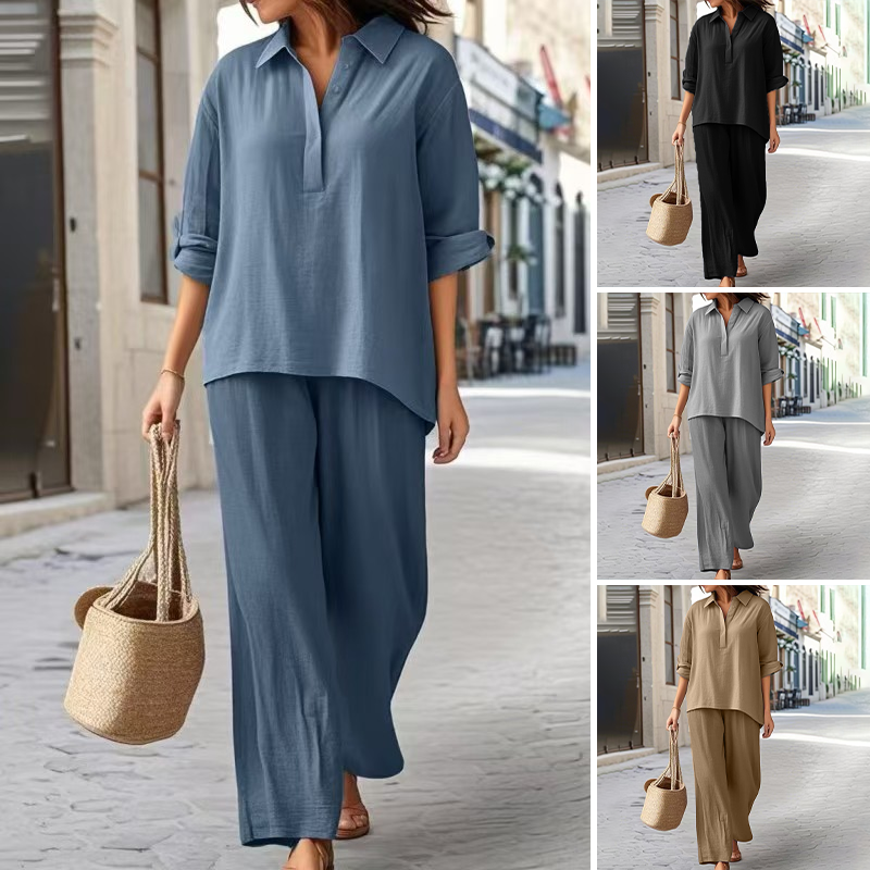 Floriane - Cotton and Linen Wide Leg Shirt and Trouser Set