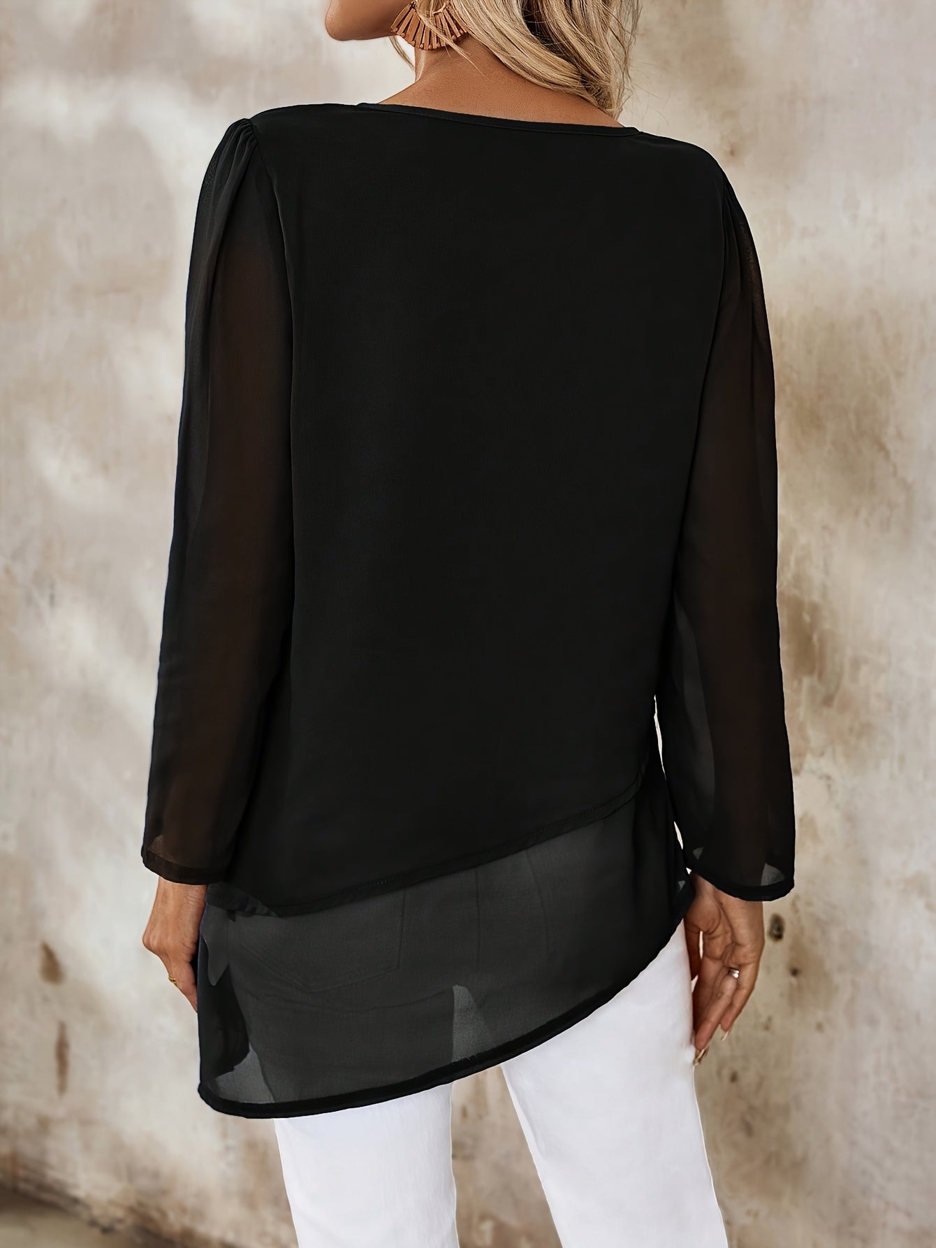 Corisande™ - Elegant double-layered blouse with asymmetrical hem and light sheerness