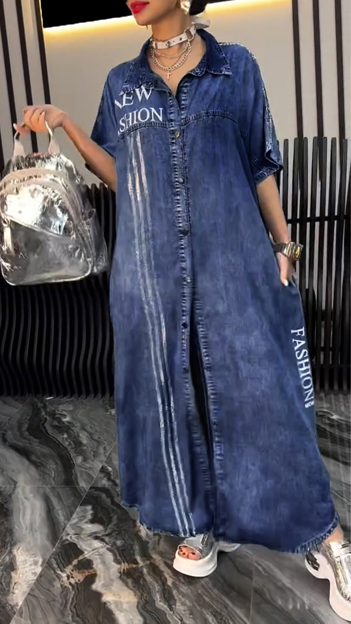Fiora - Women's Denim Tencel Dress with Lapel