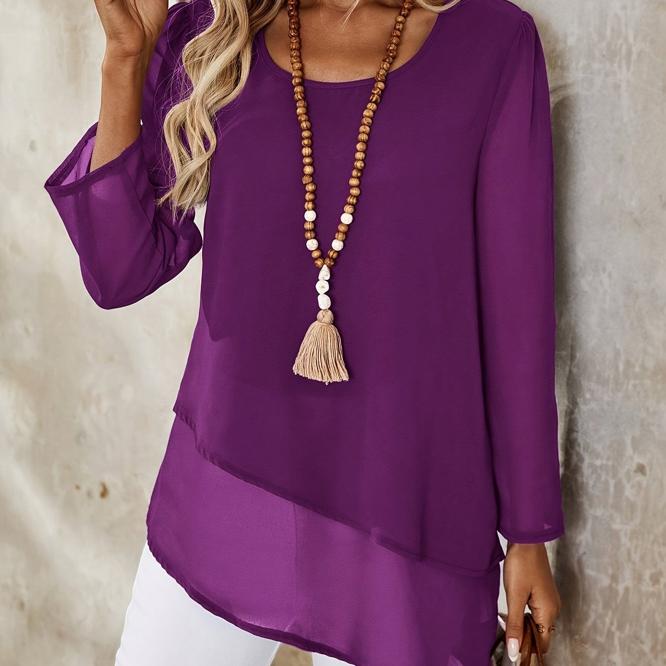 Corisande™ - Elegant double-layered blouse with asymmetrical hem and light sheerness