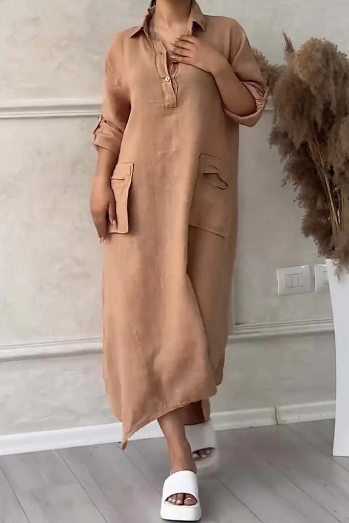 Leontine - Women's linen and cotton maxi dress with lapels