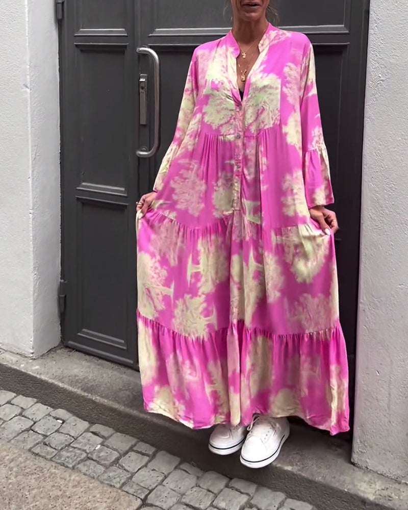 Greta - Ample Patchwork Dress with V-Neck and Printed Bell Sleeves
