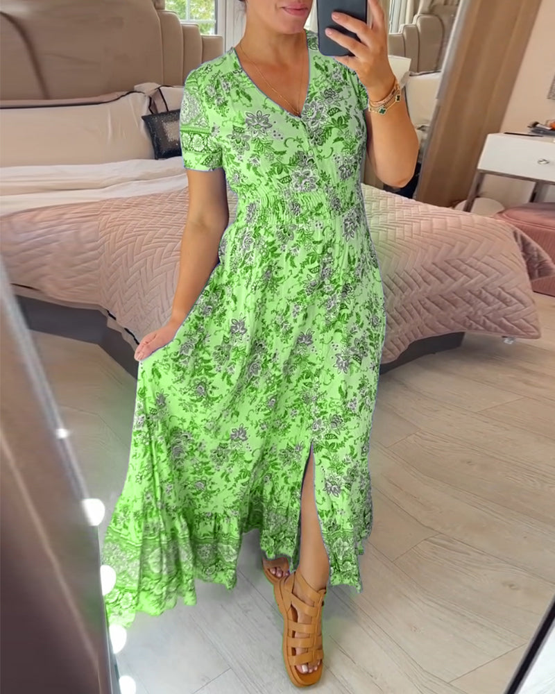 Denise - V-neck Floral Print Maxi Dress