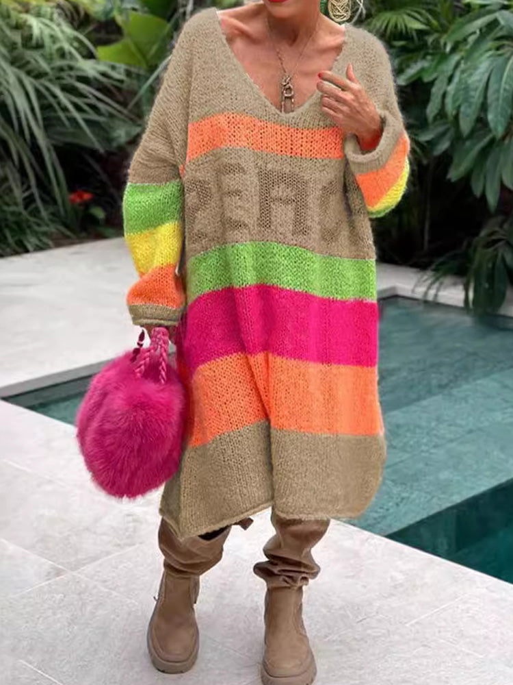 Elviana™ - Color Block Cashmere Sweater Dress