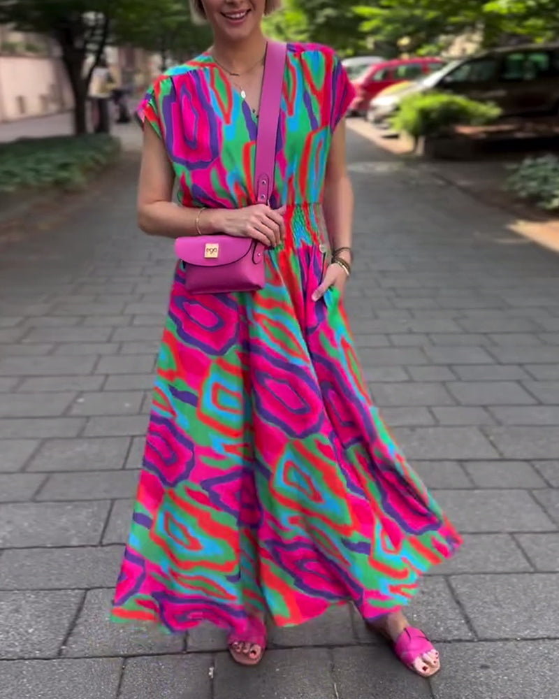 Roxana™ - Maxi-jurk met kleurrijke print, V-hals en raglanmouwen