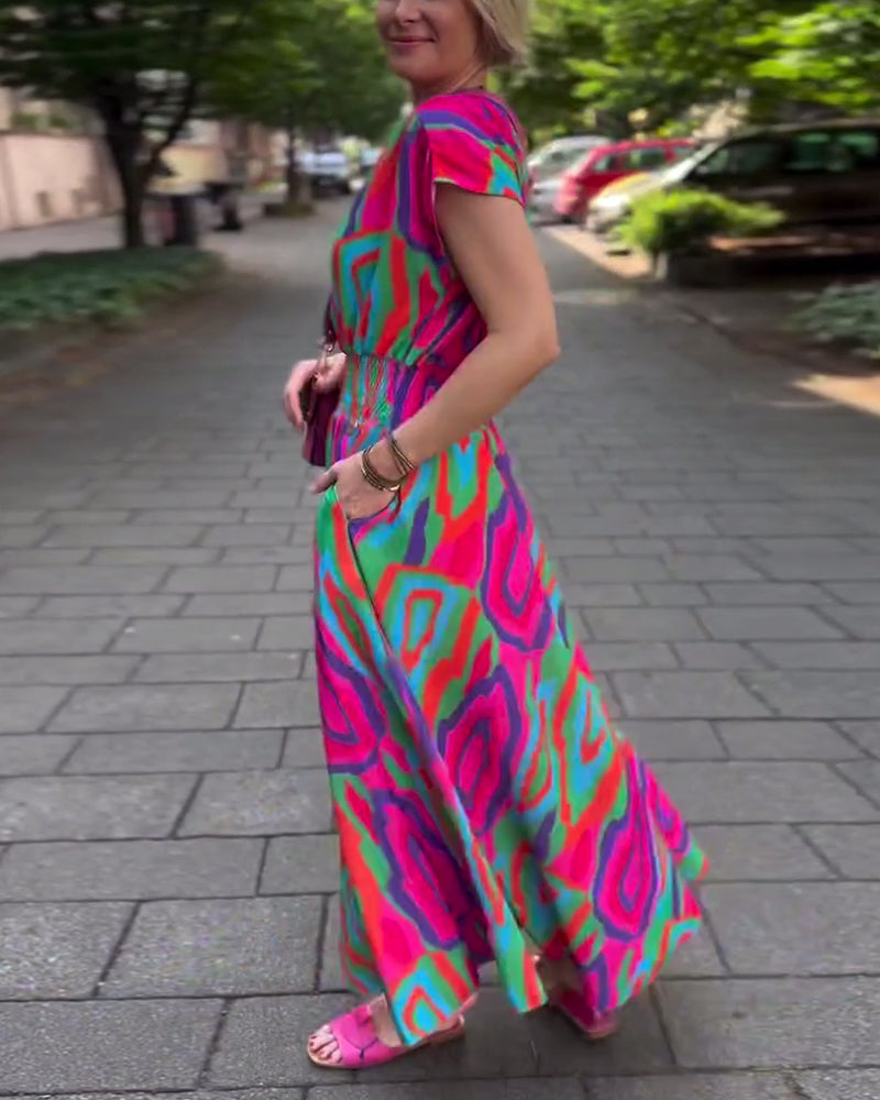 Roxana™ - Maxi-jurk met kleurrijke print, V-hals en raglanmouwen