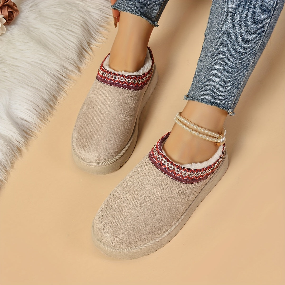 Selviane™ - Ethnic Slip-On Boots with Faux Fur Lining
