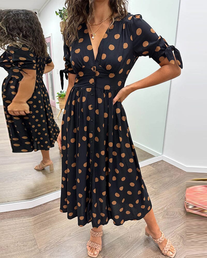 Mina™ - Dotted Dress with Deep Pointed Neckline