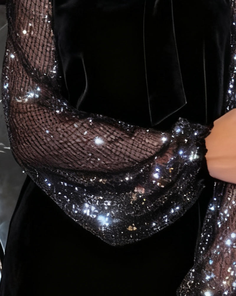 Helisorae - Elegant Patchwork Dress with Lantern Sleeves