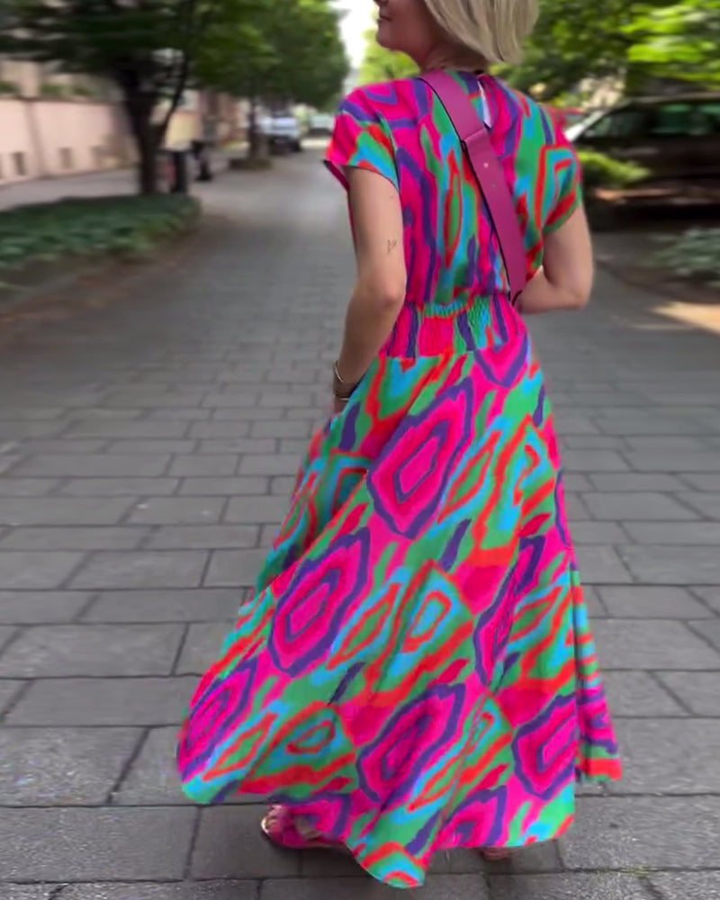 Roxana™ - Maxi-jurk met kleurrijke print, V-hals en raglanmouwen