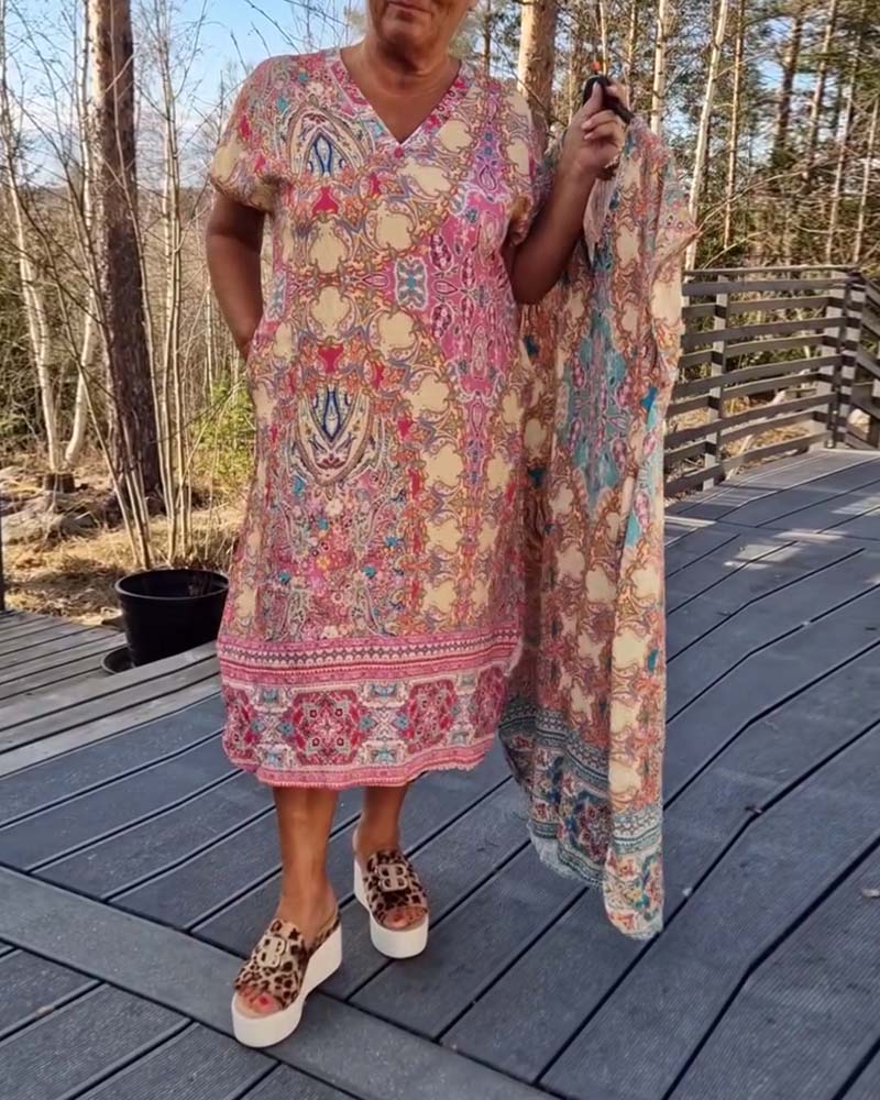 Ailina™ - Printed V-Neck Short Sleeve Straight Dress