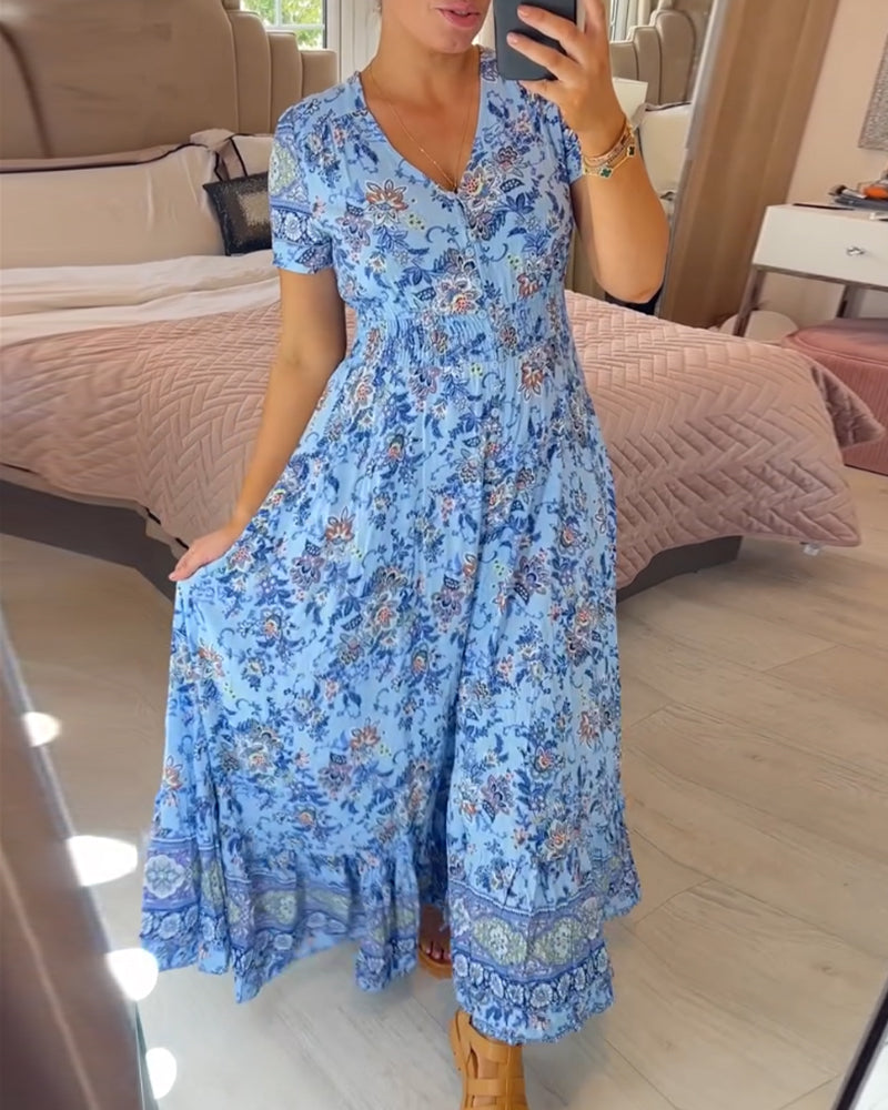 Denise - V-neck Floral Print Maxi Dress