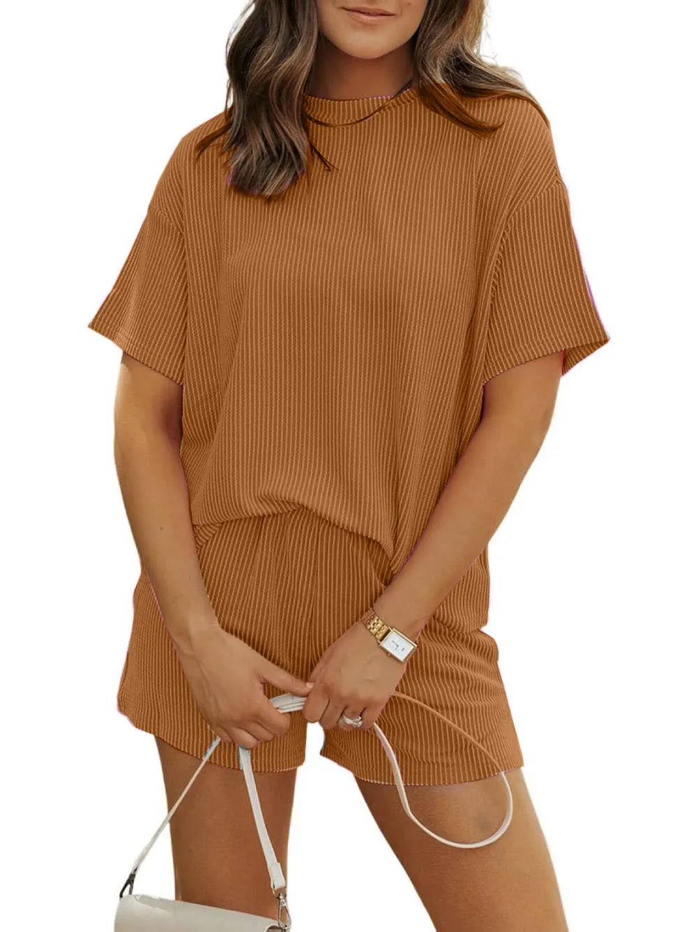 Irina - Ribbed Textured Shorts Set with Crew Neck