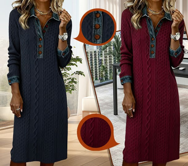 Bresaline - Chic Twisted Knit Dress with Denim Details