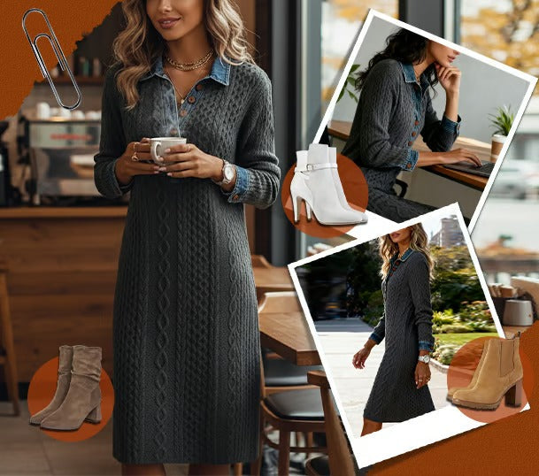 Bresaline - Chic Twisted Knit Dress with Denim Details