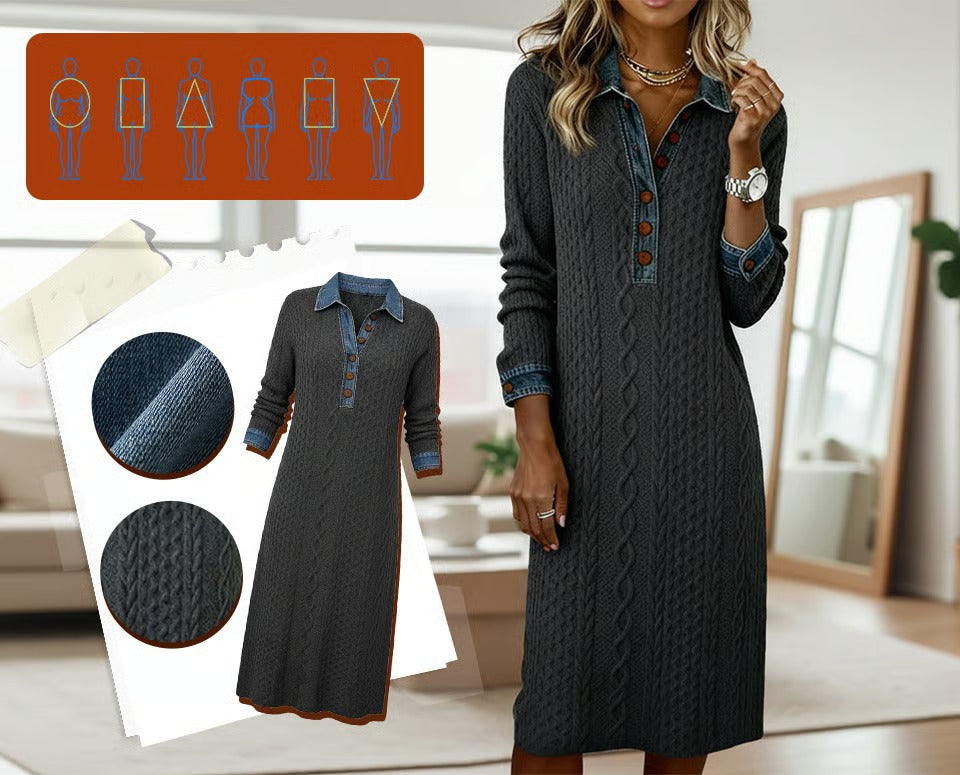 Bresaline - Chic Twisted Knit Dress with Denim Details