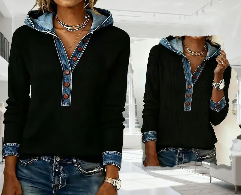 Kalivara - Casual Hoodie with Denim Details