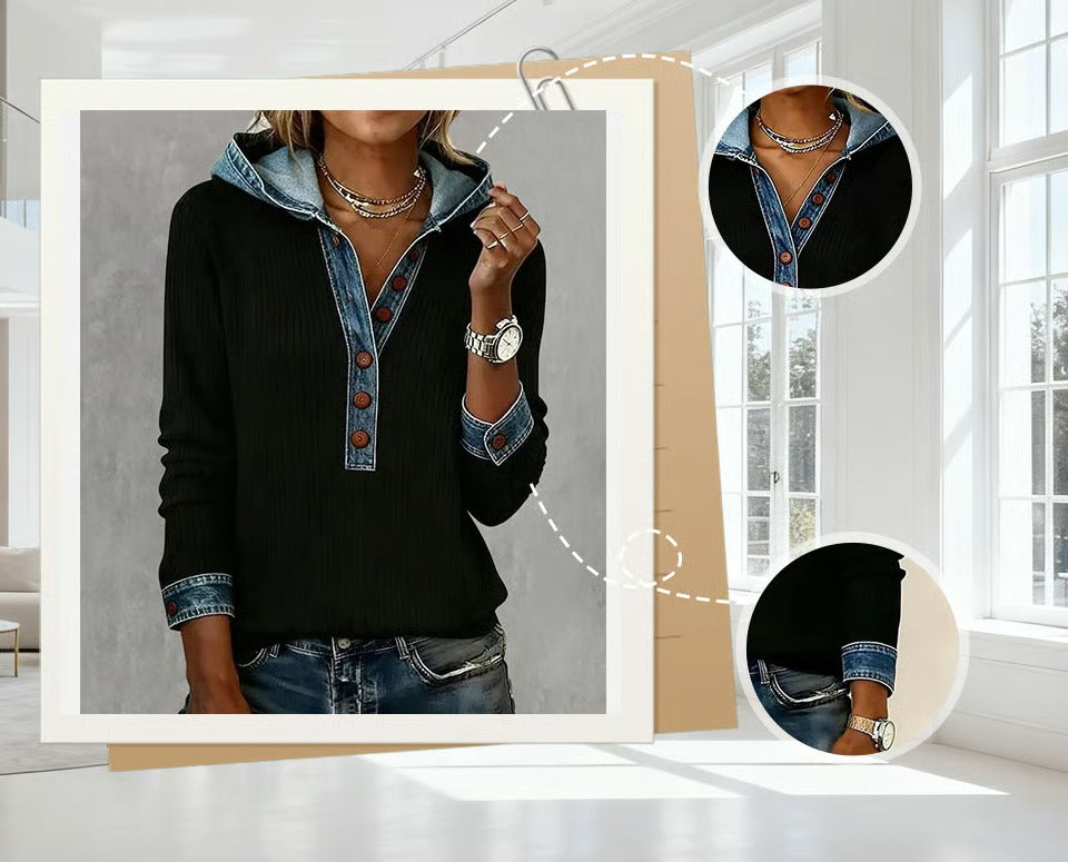 Kalivara - Casual Hoodie with Denim Details
