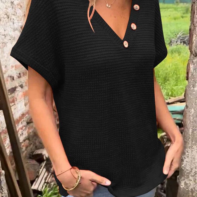 Adina™ elegant V-neck sweater with short sleeves and buttons