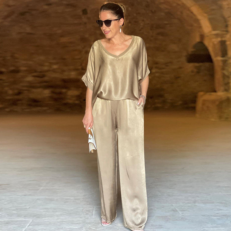 Laurie - Elegant Shiny Two Piece Plus Size V-Neck Set
