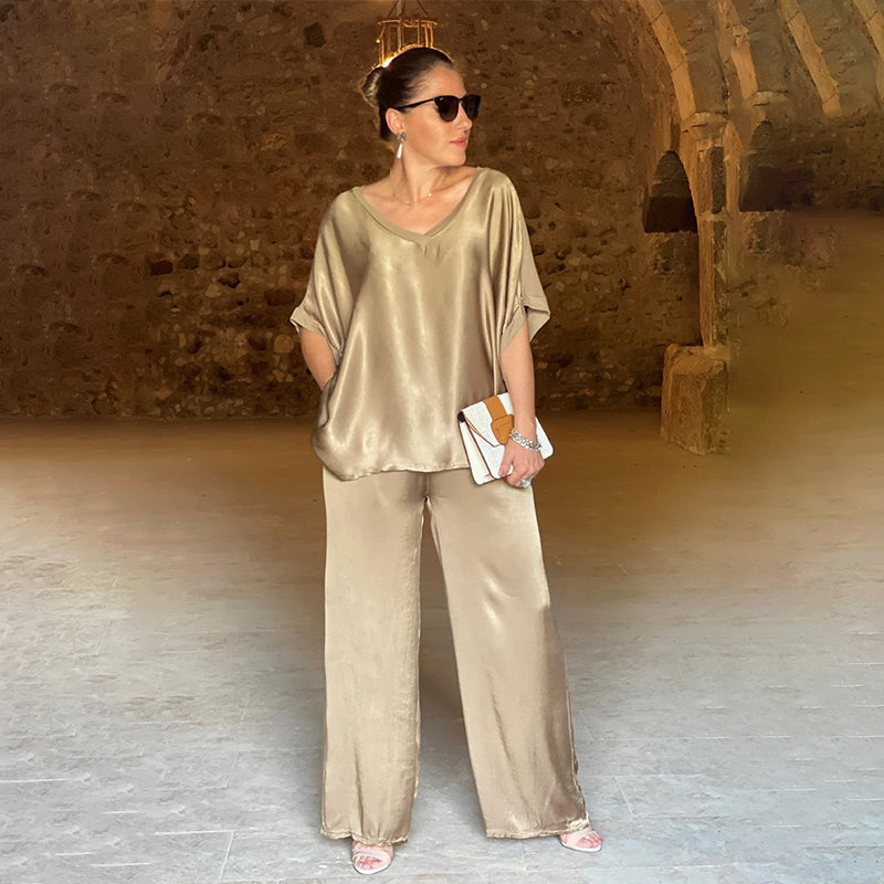 Laurie - Elegant Shiny Two Piece Plus Size V-Neck Set