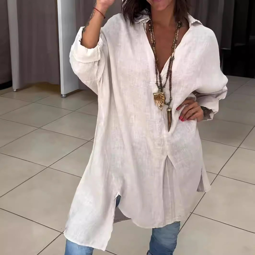 Melis - Cotton and linen summer shirt with V-neckline