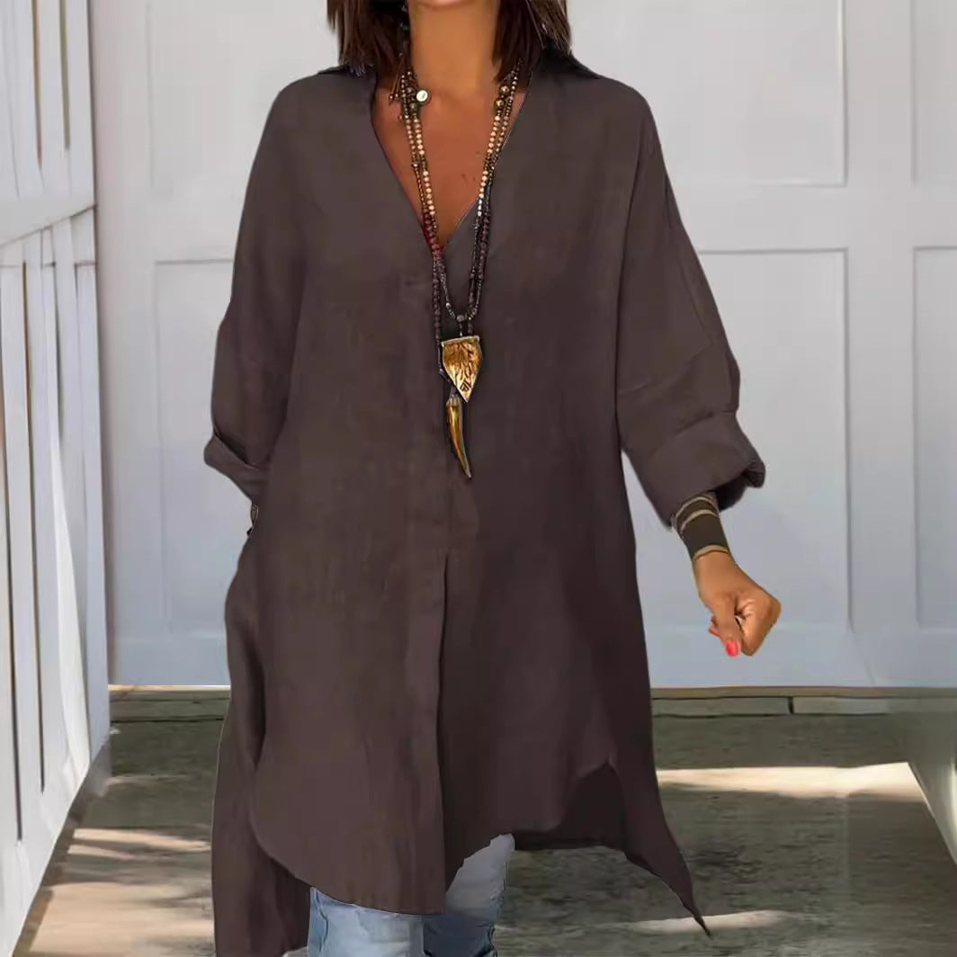 Marine - V-neck linen and cotton casual shirt
