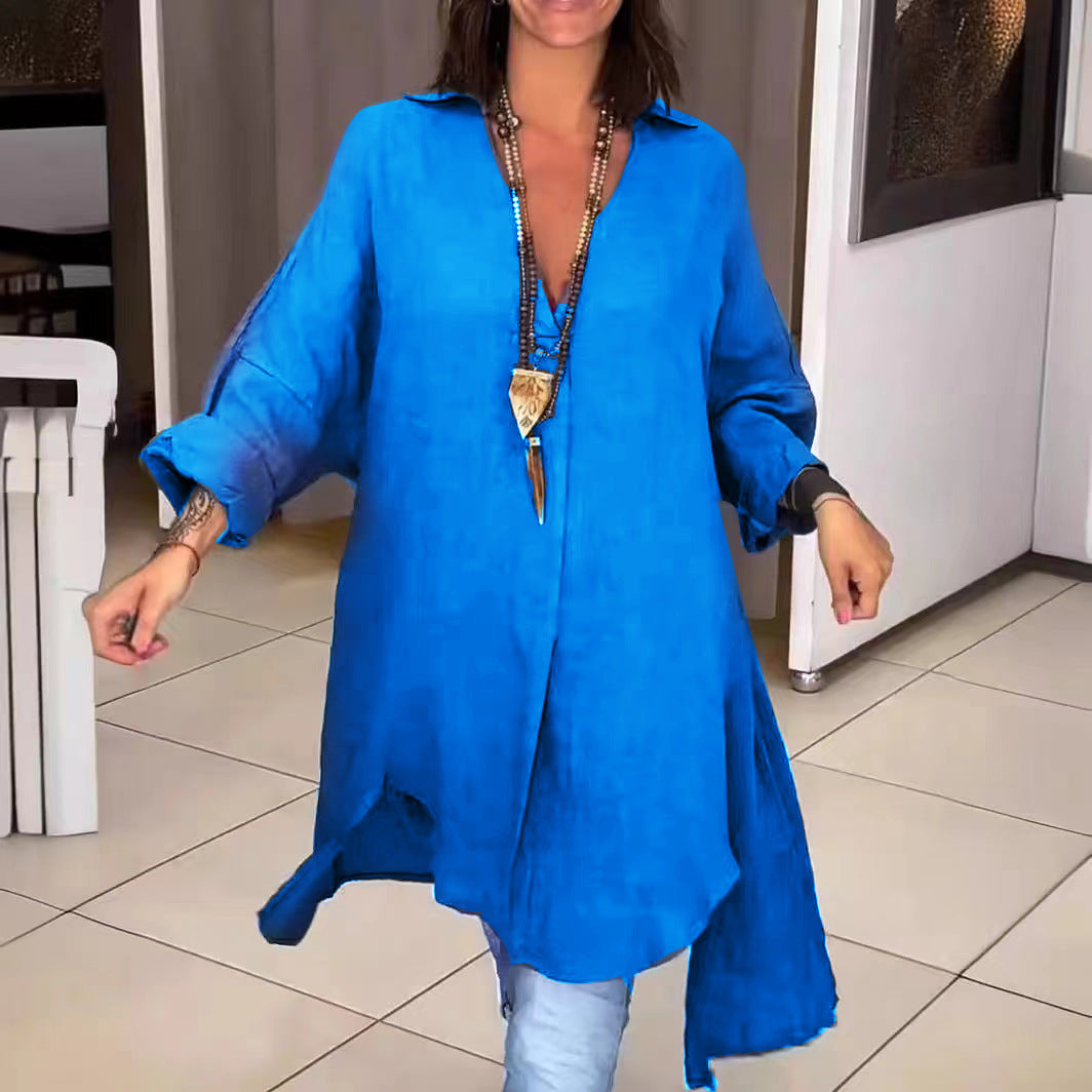Melis - Cotton and linen summer shirt with V-neckline
