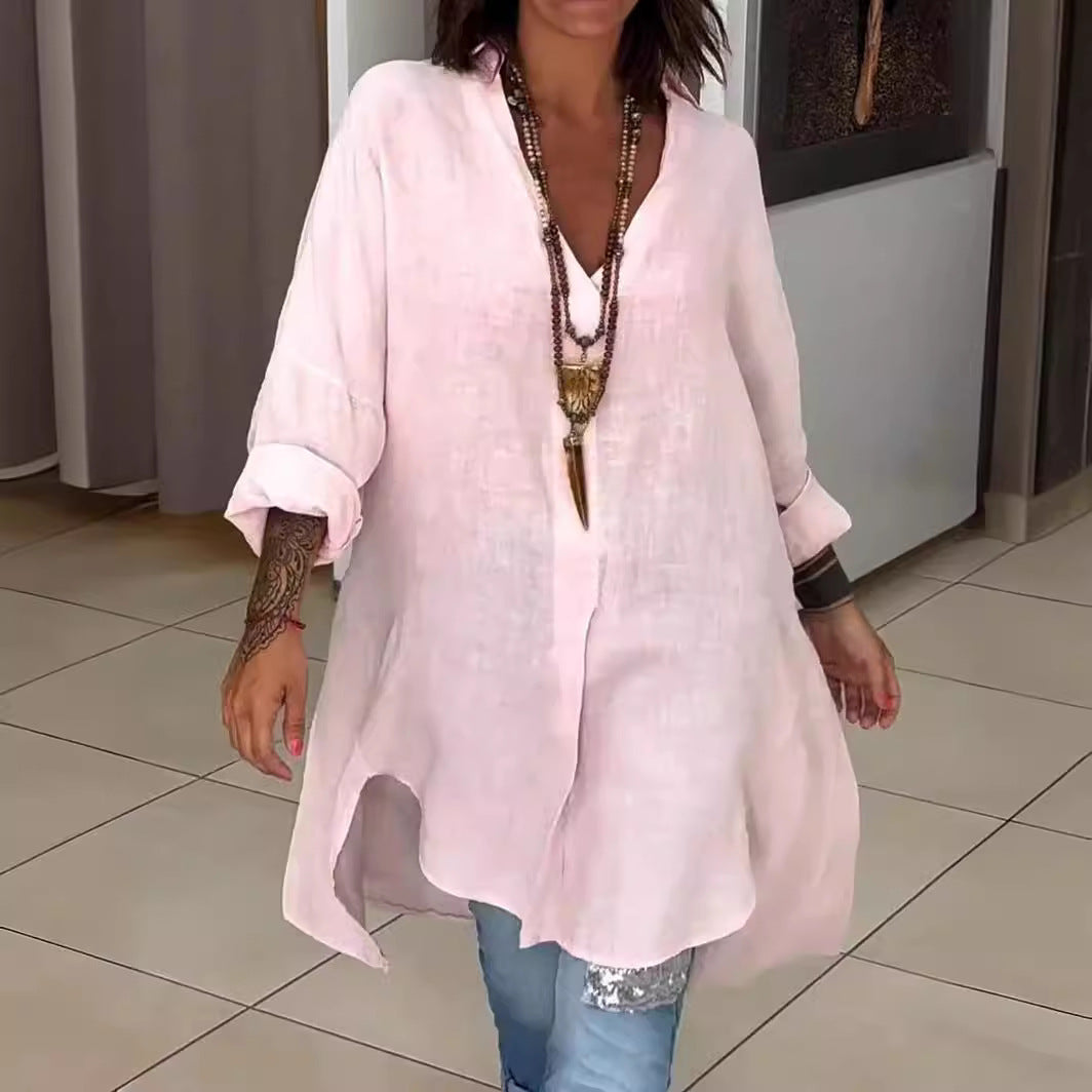 Melis - Cotton and linen summer shirt with V-neckline