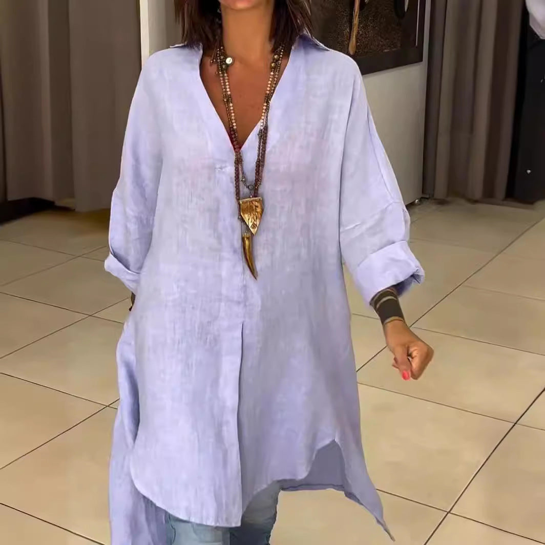 Marine - V-neck linen and cotton casual shirt