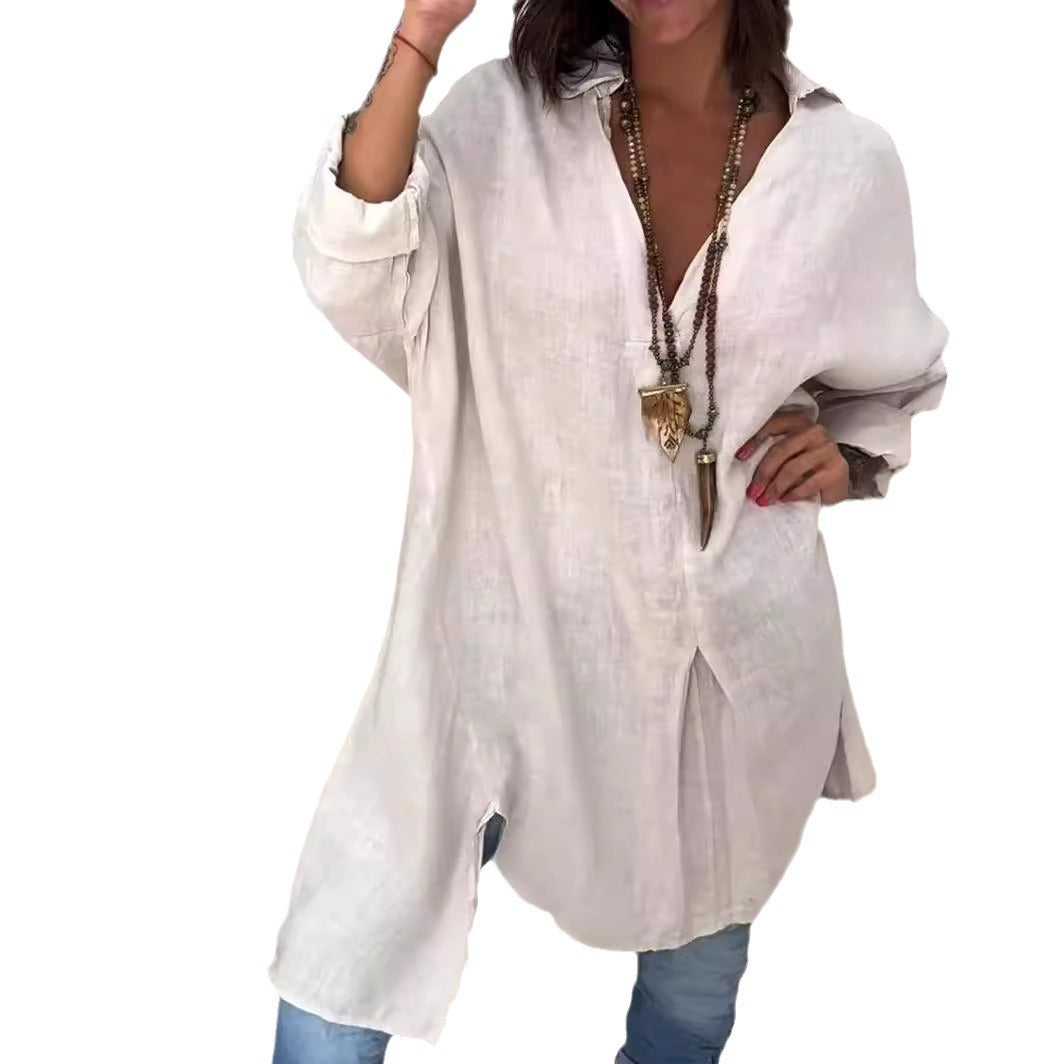 Marine - V-neck linen and cotton casual shirt