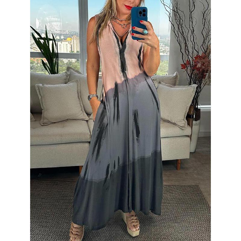 Calista - Sleeveless Tie-Dye Dress with Reverse and V-Neckline