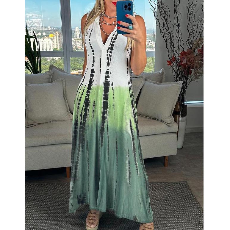 Calista - Sleeveless Tie-Dye Dress with Reverse and V-Neckline
