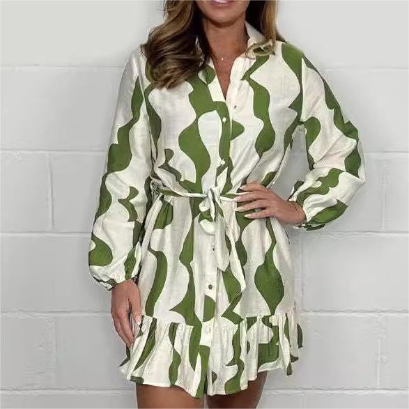 Perlina - Irregular Stripe Shirt Dress with Lapel Collar and Tie Belt