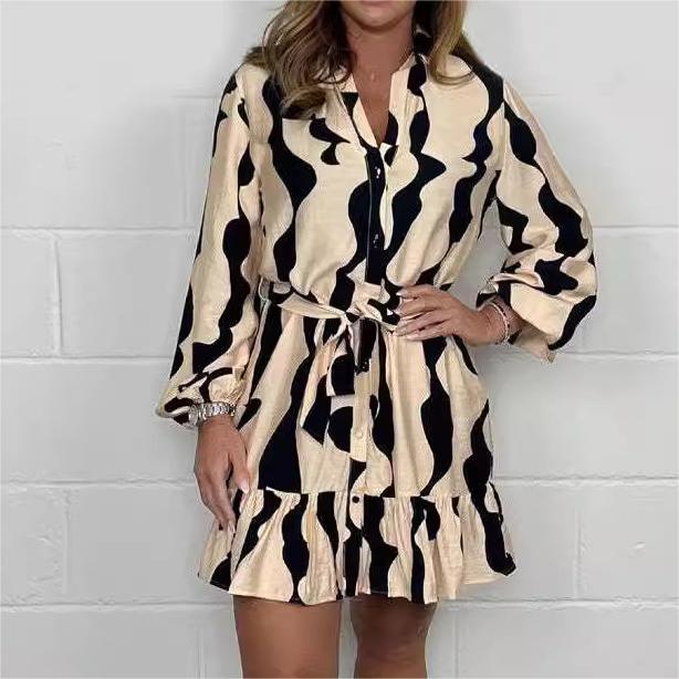 Perlina - Irregular Stripe Shirt Dress with Lapel Collar and Tie Belt